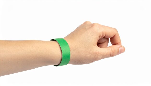 Hand with green paper bracelet on a white background. Wristband for admission to a concert or entertainment center