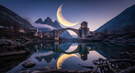 Stari Most bridge under crescent moon in night landscape.
