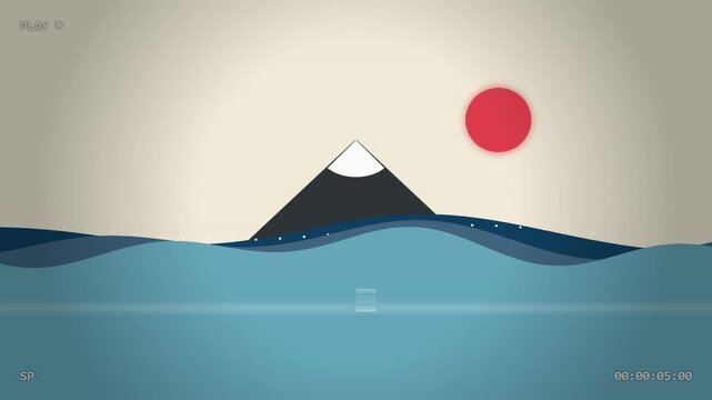 Minimalist Japanese landscape featuring a stylized mountain and sun