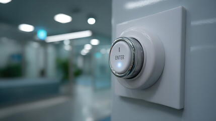 Naklejka premium futuristic glowing button with enter text on metallic device representing modern technology innovation
