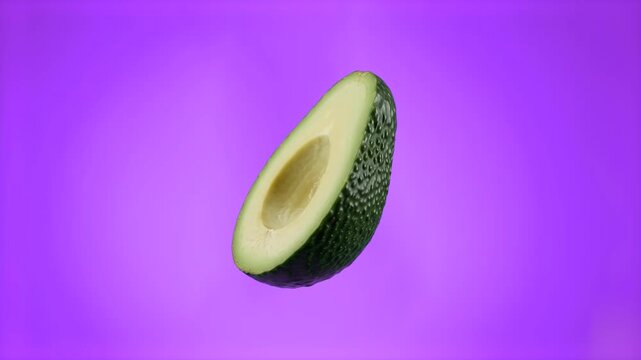 A clean half of a ripe green avocado without pit rotating or floating isolated on a vibrant purple background. Ideal for healthy eating commercials, vegan food promos, avocado oil branding, diet conte