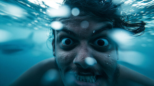 Underwater close-up of panicked swimmer with shark, dramatic wide eyes expression surrounded by bubbles and surface reflections, intense danger, urgency, tension and survival atmosphere in blue water