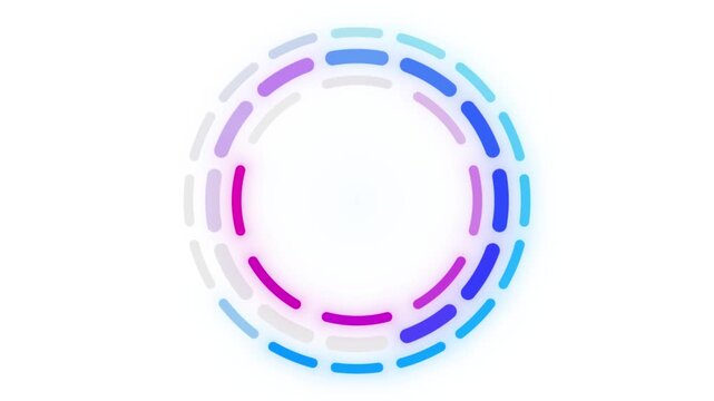 Futuristic neon glowing segmented circular loading progress indicator rotating on white background