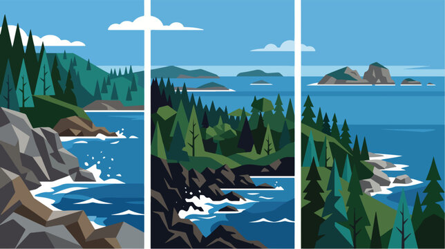 Flat vector illustration showcasing a scenic coastal landscape with evergreen pine forests rocky cliffs and calm blue ocean water views