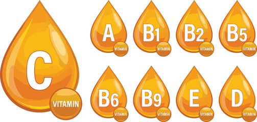 Golden Vitamin Drop Icon Set Featuring Vitamins C A B Complex E and D Symbols for Health Supplements and Skincare Product Vector Illustrations © BijoyChandra