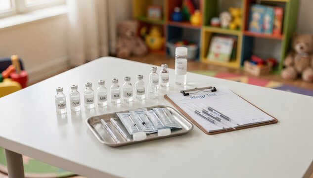 Medium shot concentrating on pediatric allergy testing table with visible labels and prick instruments softly blurred play area in background enhancing child comfort.