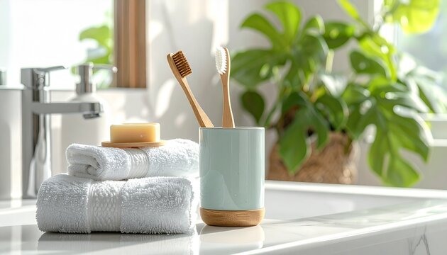 Wooden toothbrushes in cup, bath towel and soap in bathroom near window