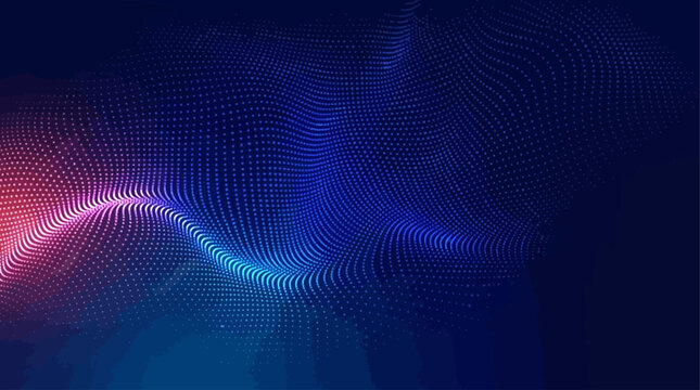 Vibrant digital wave pattern with neon pink and blue lights on dark background