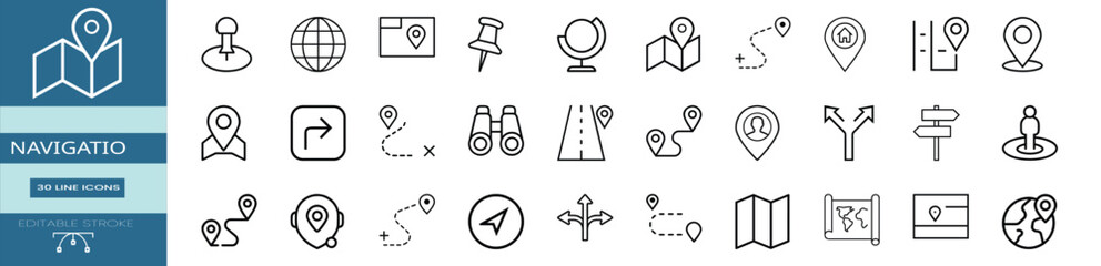GPS navigation line icons set, travel pointer, destination track, geography globe, street orientation & more vector illustration with editable stroke. © Purnima