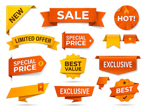 Vibrant collection of premium orange and yellow discount and sale ribbons, tags, and banners for effective marketing and special offers, isolated on white background