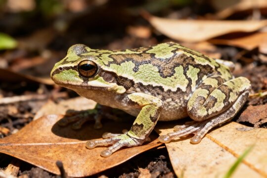 A green and brown patterned frog resting on dry leaves in a forest floor setting