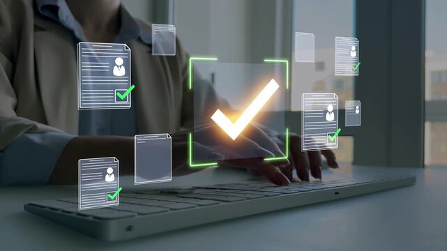 Digital documents with check marks verified staff records and online HR management. Employee approval process management.	
