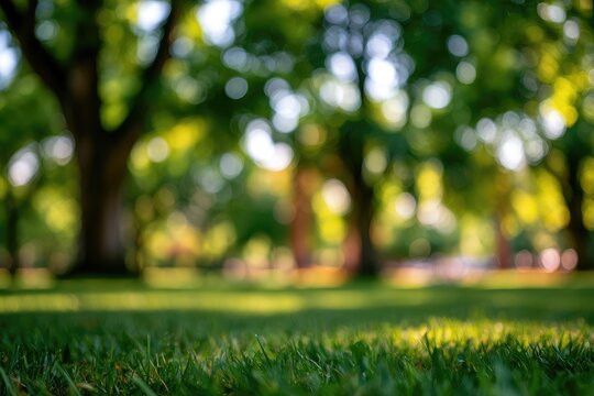 Soft Focus Green Park Lawn with Large Trees in Sunlight.