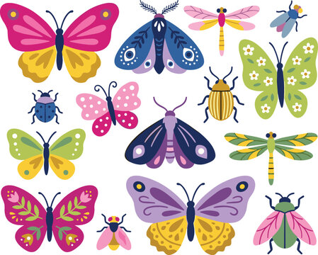 Colorful insects and butterflies vector illustration set featuring cute cartoon bugs moths dragonflies and beetles isolated on white background.