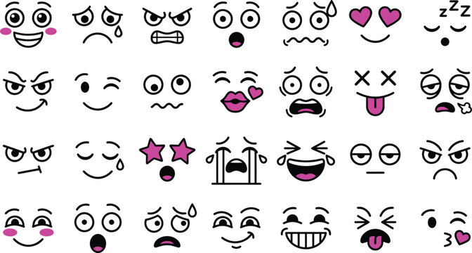 Comic Style face icon Set, Black and White Face Icon Collection