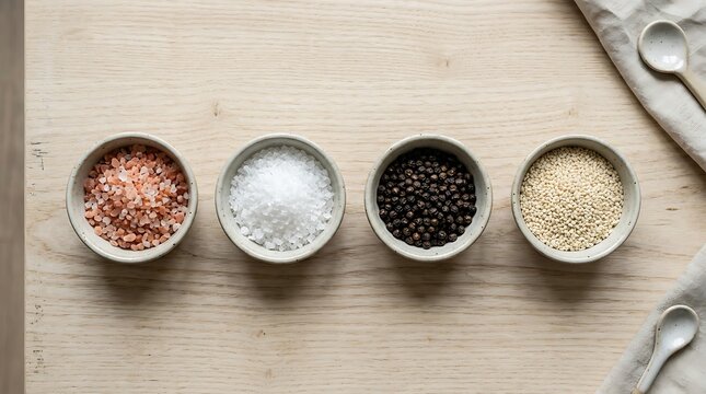 Four small bowls with gourmet salts and peppercorns on a light wooden background. Professional seasoning concept.