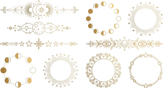 Gold Ornamental Moon Phase Design, Elegant Celestial Flourish Set