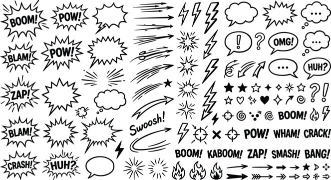 Comic Sound Effect Doodles, Boom Kaboom Burst Lightning Icon Set