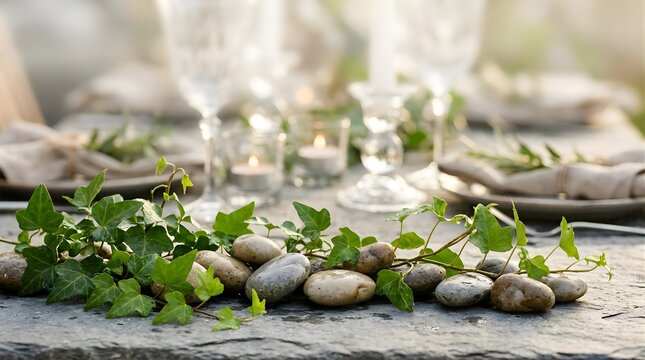 Elegant dinner table setting with ivy vines and stones for organic event