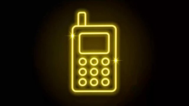 A glowing yellow neon illustration of a cell phone on a dark background