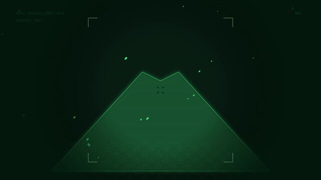 Digital green mountain silhouette scanning through futuristic radar scope