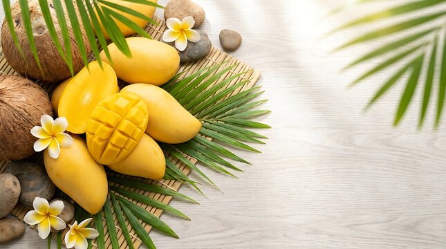 Fresh yellow mangoes with coconut and tropical flowers on a mat with green palm leaves for summer mood. ataulfo mango
