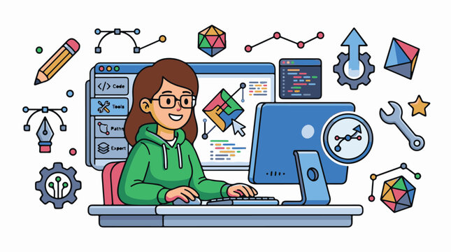 Young woman coding on computer with graphic design tools around
