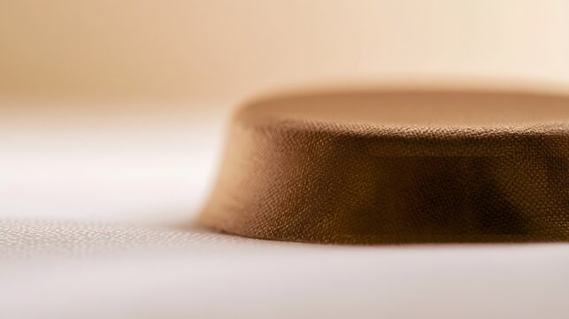 A rounded brown fabric object sits on a textured surface against a softly blurred beige background