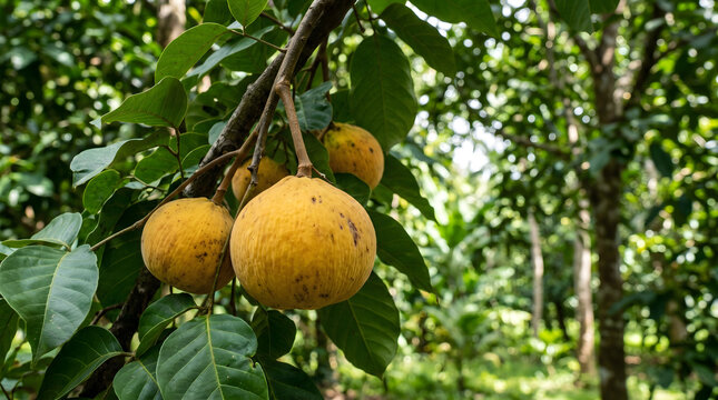 Santol fruit hanging on tree branch, ripe yellow cottonfruit in garden