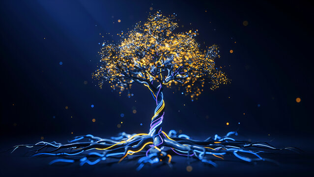 Glowing digital tree with intricate root system and bright golden leaves isolated on dark blue background high resolution.
