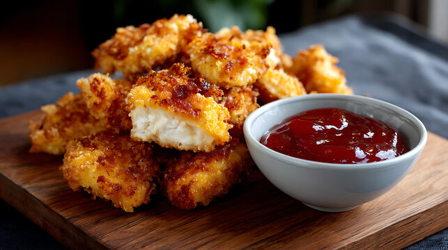 crispy golden fried chicken nuggets stacked on wooden board with fresh parsley and red dipping sauce