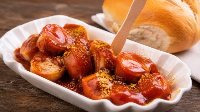 Klassische Currywurst mit w&uuml;rziger Currysauce und frischem Br&ouml;tchen auf rustikalem Holztisch. Beliebter deutscher Imbiss, appetitlich serviert mit Currypulver.