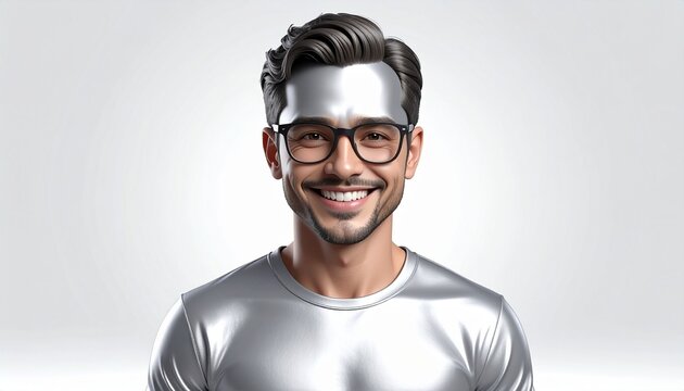 A smiling young man with a metallic silver face mask wearing modern black glasses and a futuristic shirt in a clean studio environment.