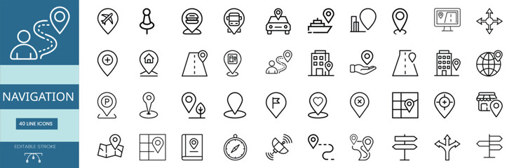 Navigation line icons set, travel pointer, destination track, geography globe, street orientation & more vector illustration with editable stroke. © Purnima