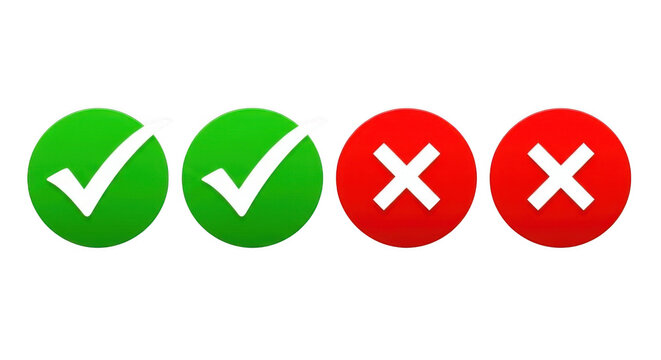 Green checkmarks and red crosses symbols for yes no correct incorrect choices