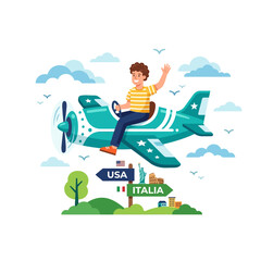 Fototapeta premium A young man flying a small propeller plane, waving, with a signpost indicating travel to USA and Italy, symbolizing international journey.