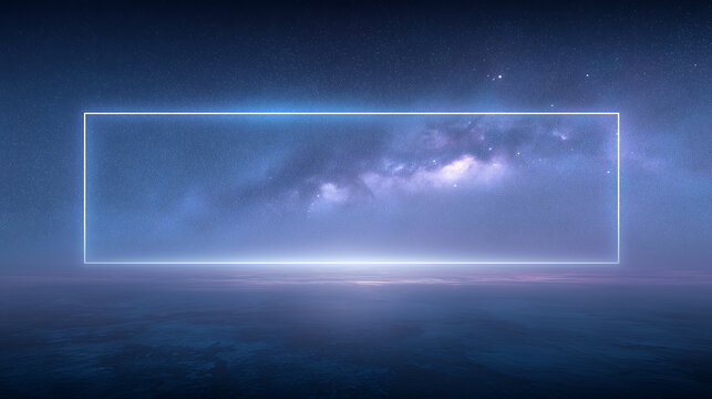 Neon Rectangle Frame with Starry Sky Reflected on Ocean