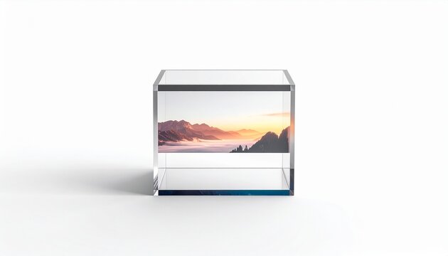 A clear transparent glass cube displaying a scenic mountain landscape during sunrise captured inside a decorative minimalist block on white.