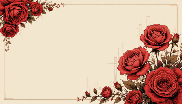 Elegant vintage style frame with detailed red rose flower drawing on aged beige paper background