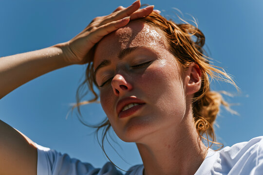 A young woman with red hair and closed eyes pauses to rest, wiping sweat from her forehead during an intense outdoor activity on a sunny day.