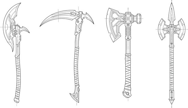 Fantasy melee weapon concept art with axe, scythe, hammer, and spear in detailed black line illustration