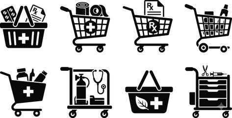 Medical shopping cart and basket icons with healthcare supplies, pharmacy products, and wellness equipment in black and white design © Heyyy