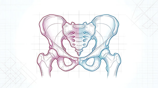 Detailed anatomical illustration of the human pelvis and hip bones in a schematic drawing with grid background