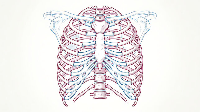 Detailed anatomical illustration of human rib cage and thoracic spine showing skeletal structure and rib arrangement for