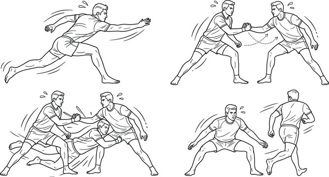 Traditional Kabaddi Sport Vector Set Featuring Players in Action Stance, Raiding, Defending, and Canting Line Art for Indian Tournament and Team Game Graphic Designs