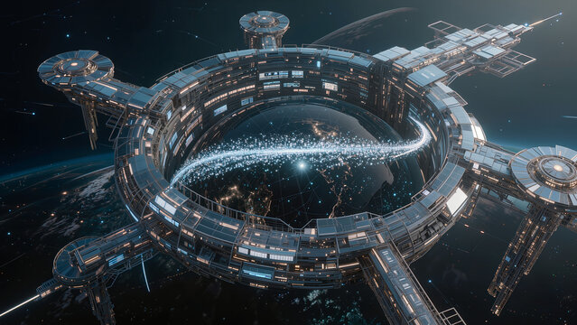 Orbital Station above Earth: A futuristic space station in orbit around planet Earth, with a glowing energy ring encircling the central module, signifying advanced technology and cosmic exploration.
