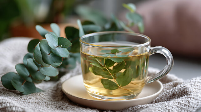 cup of hot green herbal tea served with eucalyptus branch on table symbolizing relaxation health and wellness