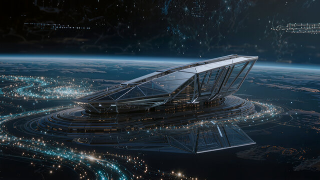 Futuristic Space Station: A sleek, modern space station orbits a glowing planet, surrounded by luminous rings of light and intricate data streams.