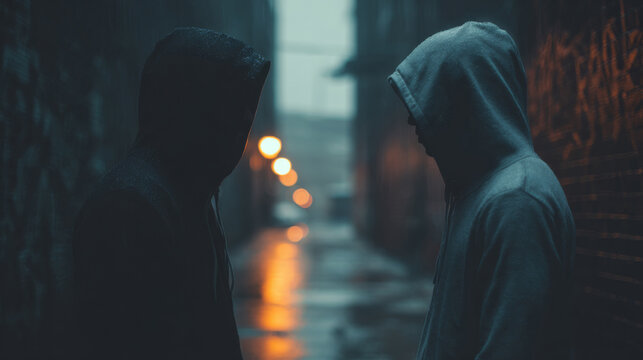 Two hooded figures stand in a dimly lit alleyway during a rainy evening, creating an atmosphere of mystery and intrigue