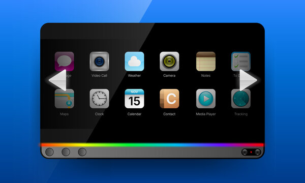 Smart car screen application dashboard template with skeuomorphic menu icons